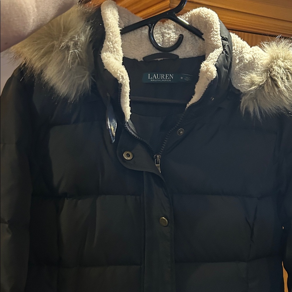 like NEW Lauren Ralph Lauren Black Quilted Puffer Coat with Faux Fur Hood